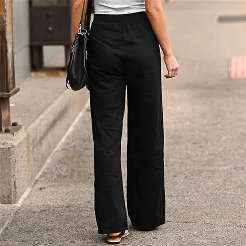 Women Solid Long Pants Women Casual Loose Cotton Linen Lace Up Elastic Waist Wide Leg Trousers Ladies Streetwear Straight Pants