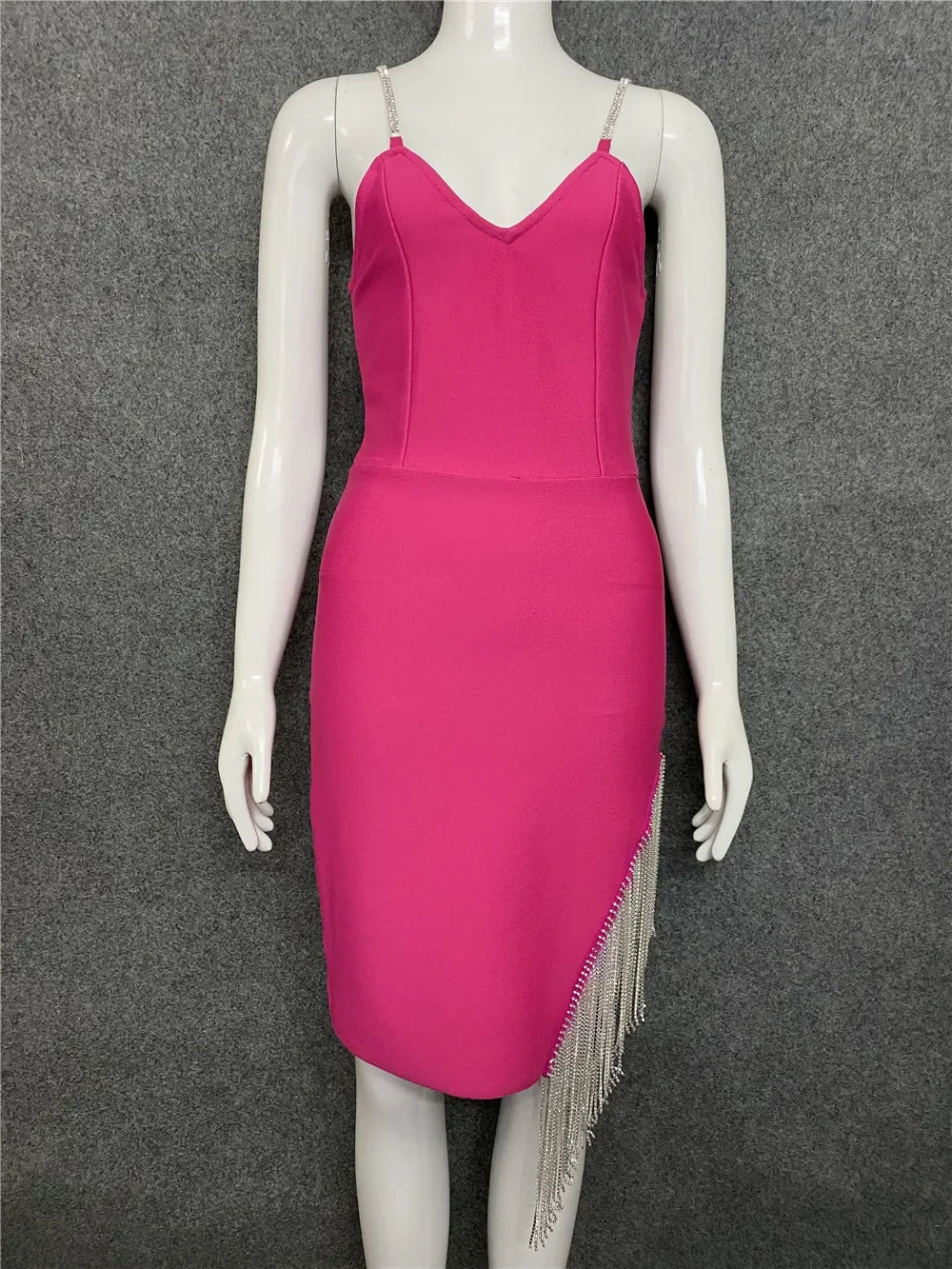 2023 Autumn Sexy V-Neck Tank Side Slit Fringed Diamond Slims Your Smooth Silhouette Drawstring Dress Name Concentrates Gown