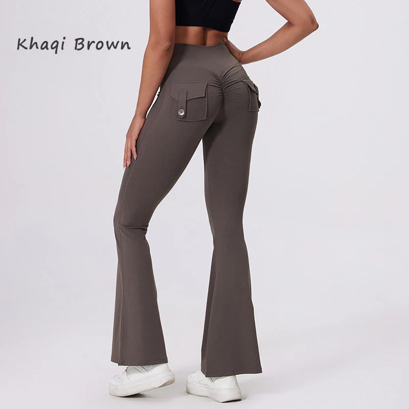 DIAS FIT JOY Women's pocket bell bottoms yoga high waisted hip lifting fitness pants quick drying running exercise fitness gym