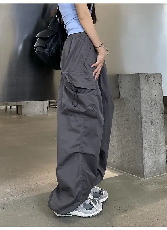 2025 Women Casual Joggers Tech Pants Solid Low Waist Pants Drawstring Wide Leg Baggy Trousers Y2k Streetwear Oversize Sweatpants