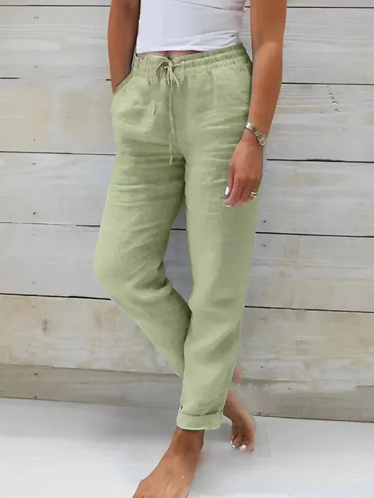 2025 Cotton Linen Summer Pants Women High Waist Elastic Casual Trousers Fashion Streetwear Breathable Female Loose Pencil Pants