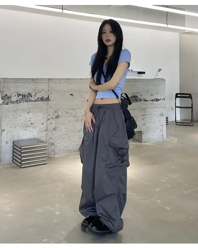 2025 Women Casual Joggers Tech Pants Solid Low Waist Pants Drawstring Wide Leg Baggy Trousers Y2k Streetwear Oversize Sweatpants