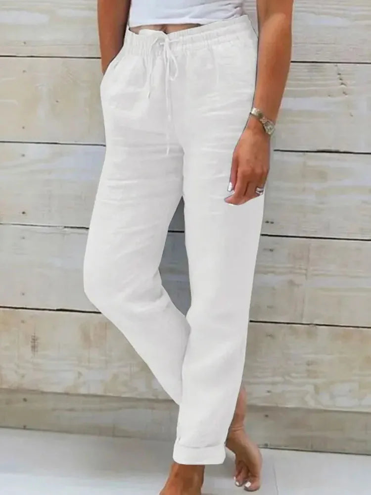 2025 Cotton Linen Summer Pants Women High Waist Elastic Casual Trousers Fashion Streetwear Breathable Female Loose Pencil Pants