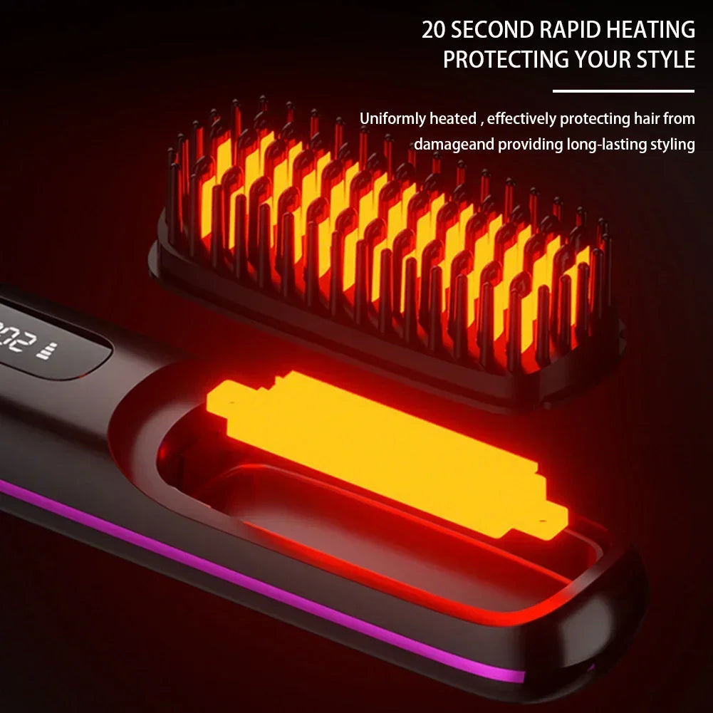 Convenient Mini Cordless Hair Straightener Brush with 3 Setting LED Temperature Display Electric Negative Ions Ceramic Hot Comb