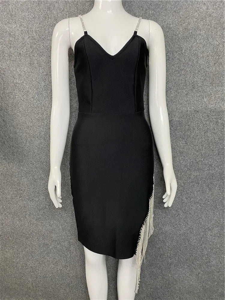 2023 Autumn Sexy V-Neck Tank Side Slit Fringed Diamond Slims Your Smooth Silhouette Drawstring Dress Name Concentrates Gown