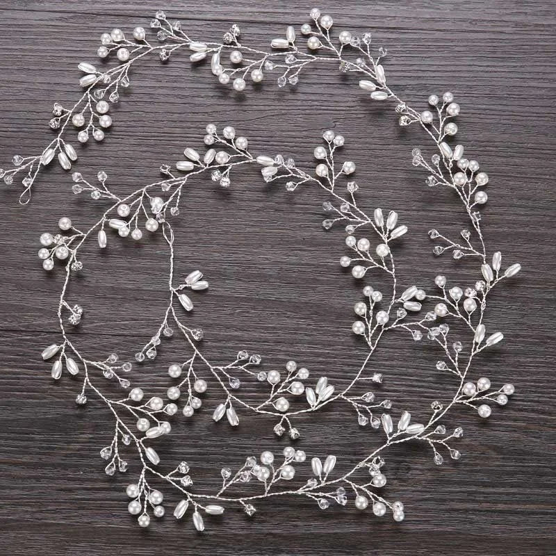 35/50cm Long Bridal Handmade Crystal Pearl Hair Band Headdress Wedding Hair Accessories Beads Headband Jewelry Fashion Headdress
