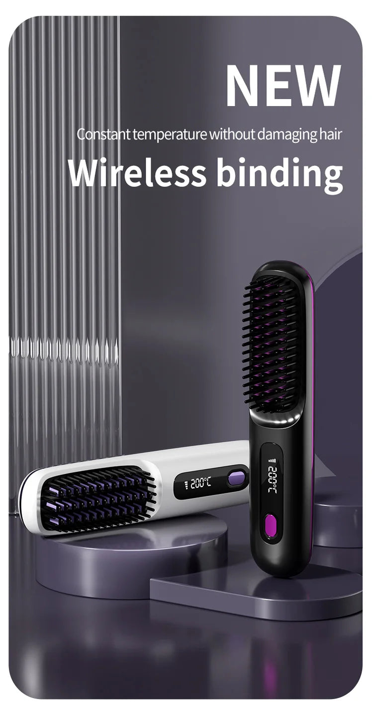 Convenient Mini Cordless Hair Straightener Brush with 3 Setting LED Temperature Display Electric Negative Ions Ceramic Hot Comb