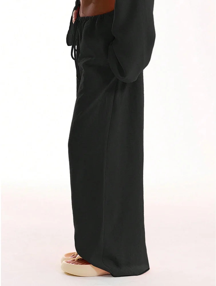 2025 New Spring Summer Wide Leg Pants Fashion Women Black Solid Loose Drawstring Baggy Pant Casual Pocket High Waist Trousers