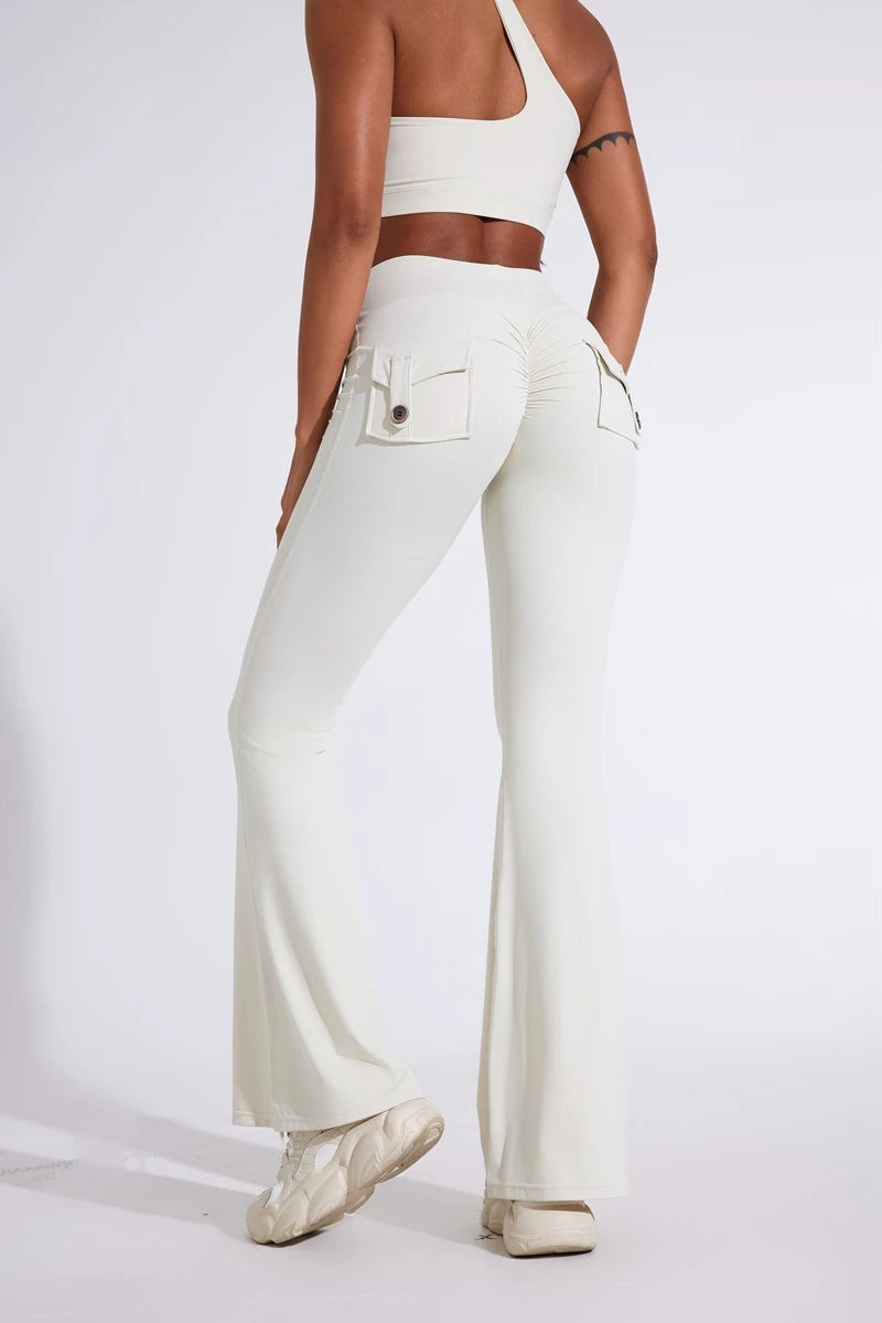 DIAS FIT JOY Women's pocket bell bottoms yoga high waisted hip lifting fitness pants quick drying running exercise fitness gym