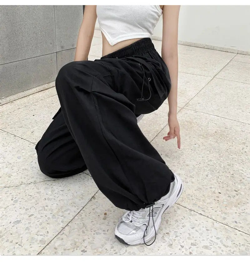 2025 Women Casual Joggers Tech Pants Solid Low Waist Pants Drawstring Wide Leg Baggy Trousers Y2k Streetwear Oversize Sweatpants