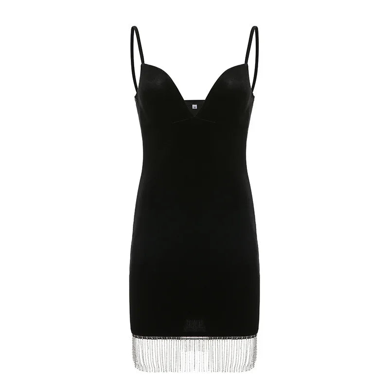 Summer Women's Backless Dinner Feeling Low Cut V-neck Velvet Tassel Suspended Dress With Waist Wrap To Show Thin Dress