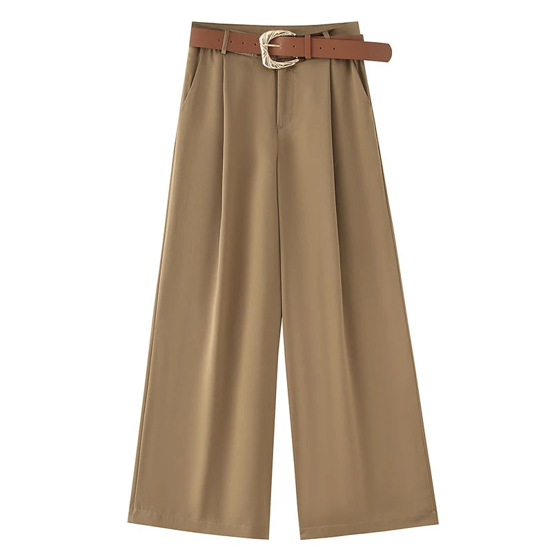 TRAF Women's Pants High Waist Wide Leg Pants with Belt Satin Long Trousers Pockets Casual Baggy Pants Summer Elegant Lady Pants