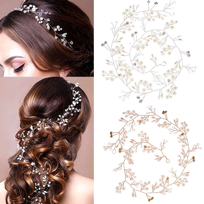 35/50cm Long Bridal Handmade Crystal Pearl Hair Band Headdress Wedding Hair Accessories Beads Headband Jewelry Fashion Headdress
