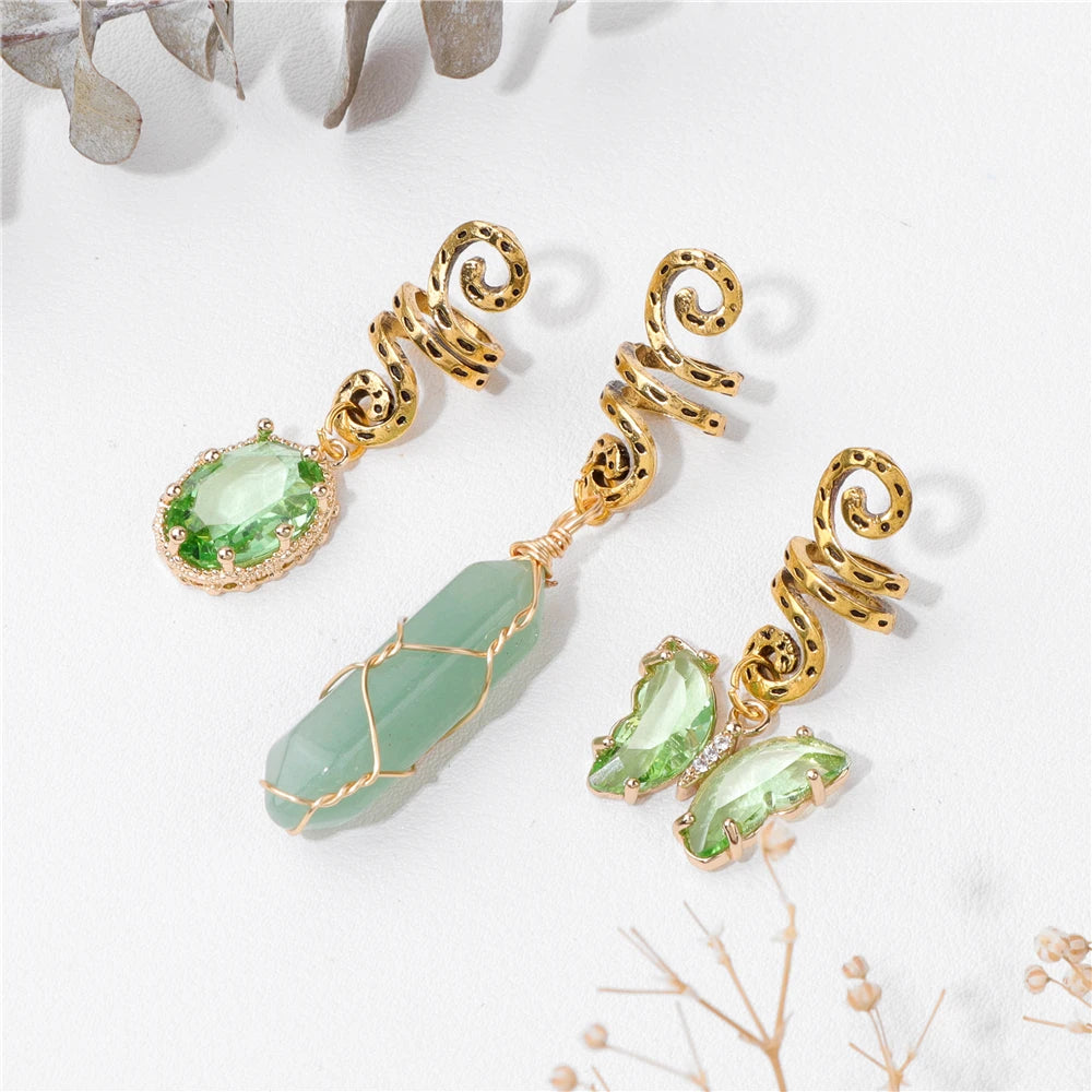 Green Crystal Aventurines Butterfly Hexagonal Prism Round Shape Hair Clip 3pcs/Set Headwear Women Healing Reiki Hair Accessories
