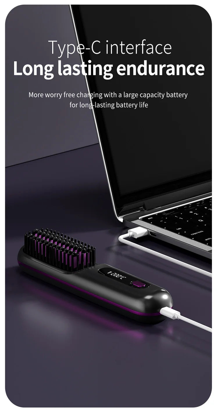 Convenient Mini Cordless Hair Straightener Brush with 3 Setting LED Temperature Display Electric Negative Ions Ceramic Hot Comb