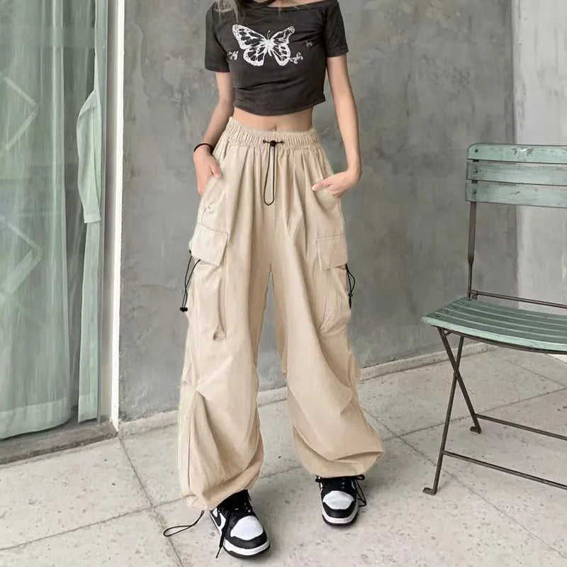 2025 Women Casual Joggers Tech Pants Solid Low Waist Pants Drawstring Wide Leg Baggy Trousers Y2k Streetwear Oversize Sweatpants