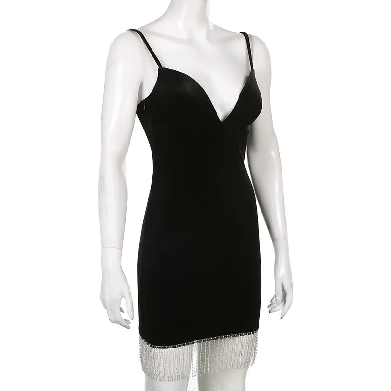 Summer Women's Backless Dinner Feeling Low Cut V-neck Velvet Tassel Suspended Dress With Waist Wrap To Show Thin Dress