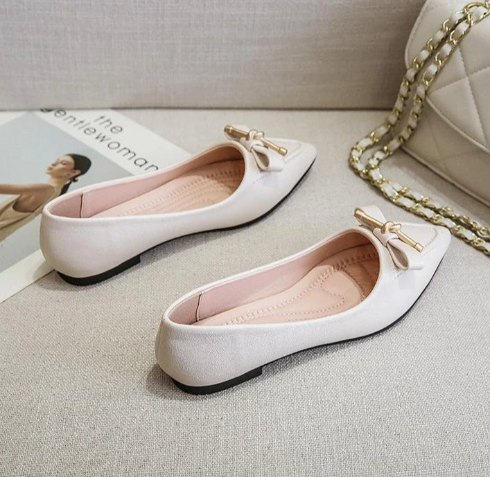 Women's Flat Shoes Beige Pointed Toe with Bow Office Ladies Footwear 2025 New Offers Walking Y2k Fashion Designer Luxury Trends