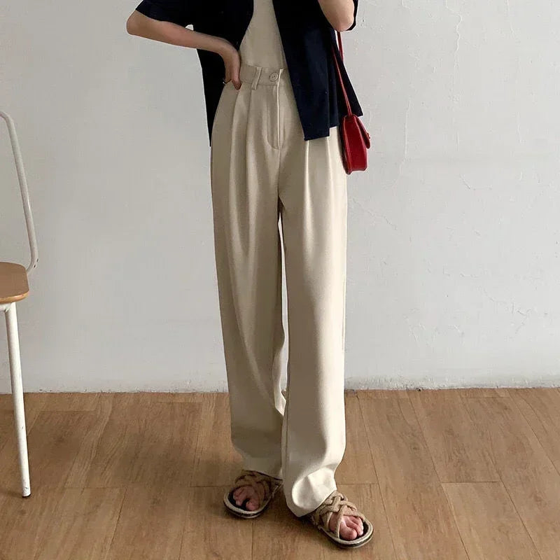 Women Solid High Waist Suit Pants Fall Straight Fashion Trousers Casual Button Loose Office Ladies Korean Female Pant New
