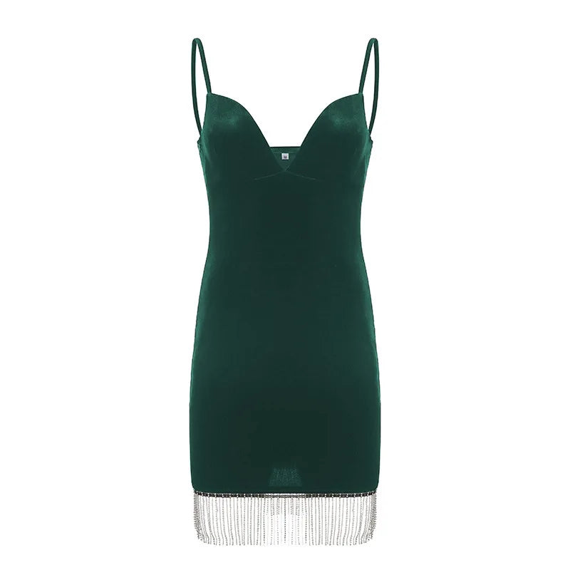 Summer Women's Backless Dinner Feeling Low Cut V-neck Velvet Tassel Suspended Dress With Waist Wrap To Show Thin Dress