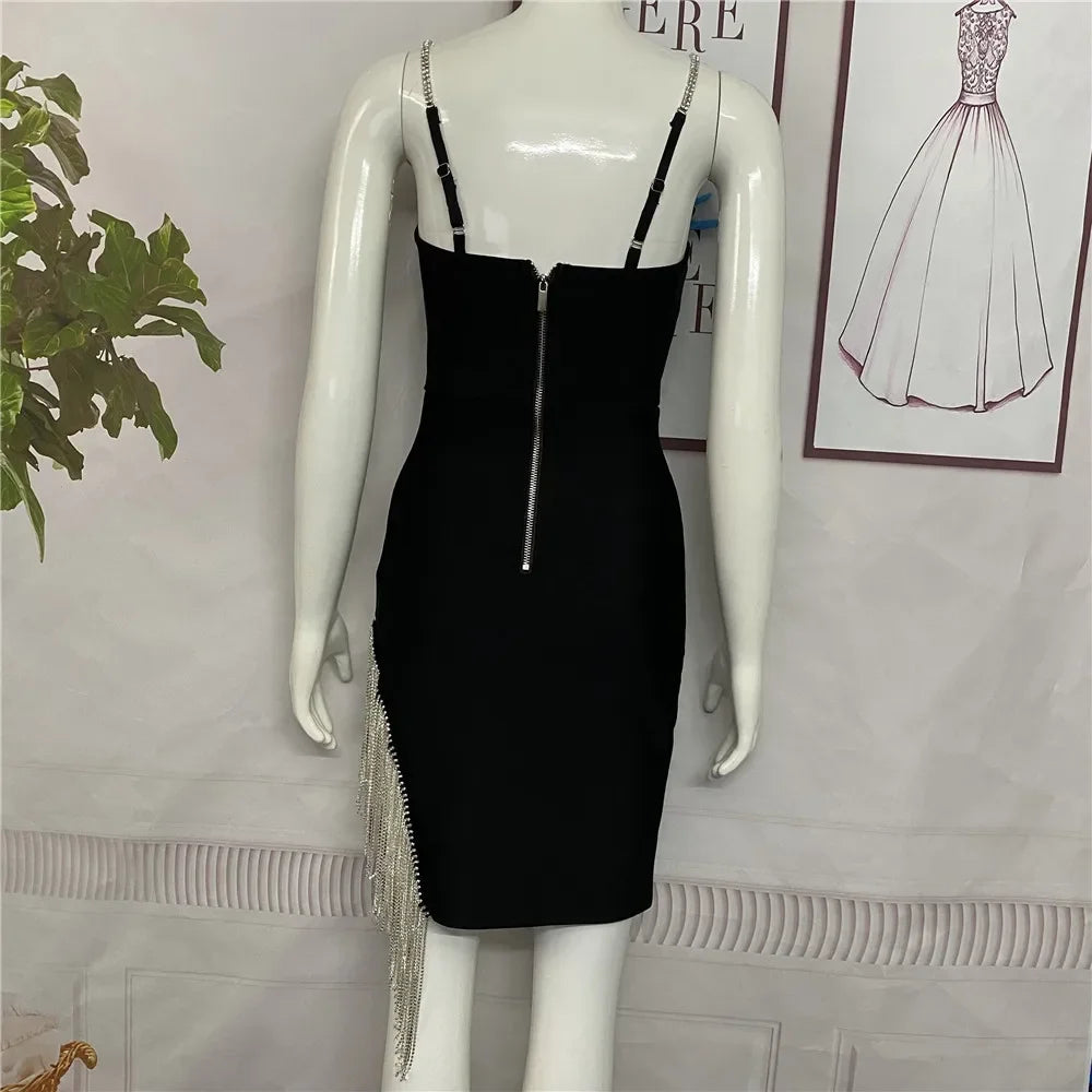 2023 Autumn Sexy V-Neck Tank Side Slit Fringed Diamond Slims Your Smooth Silhouette Drawstring Dress Name Concentrates Gown