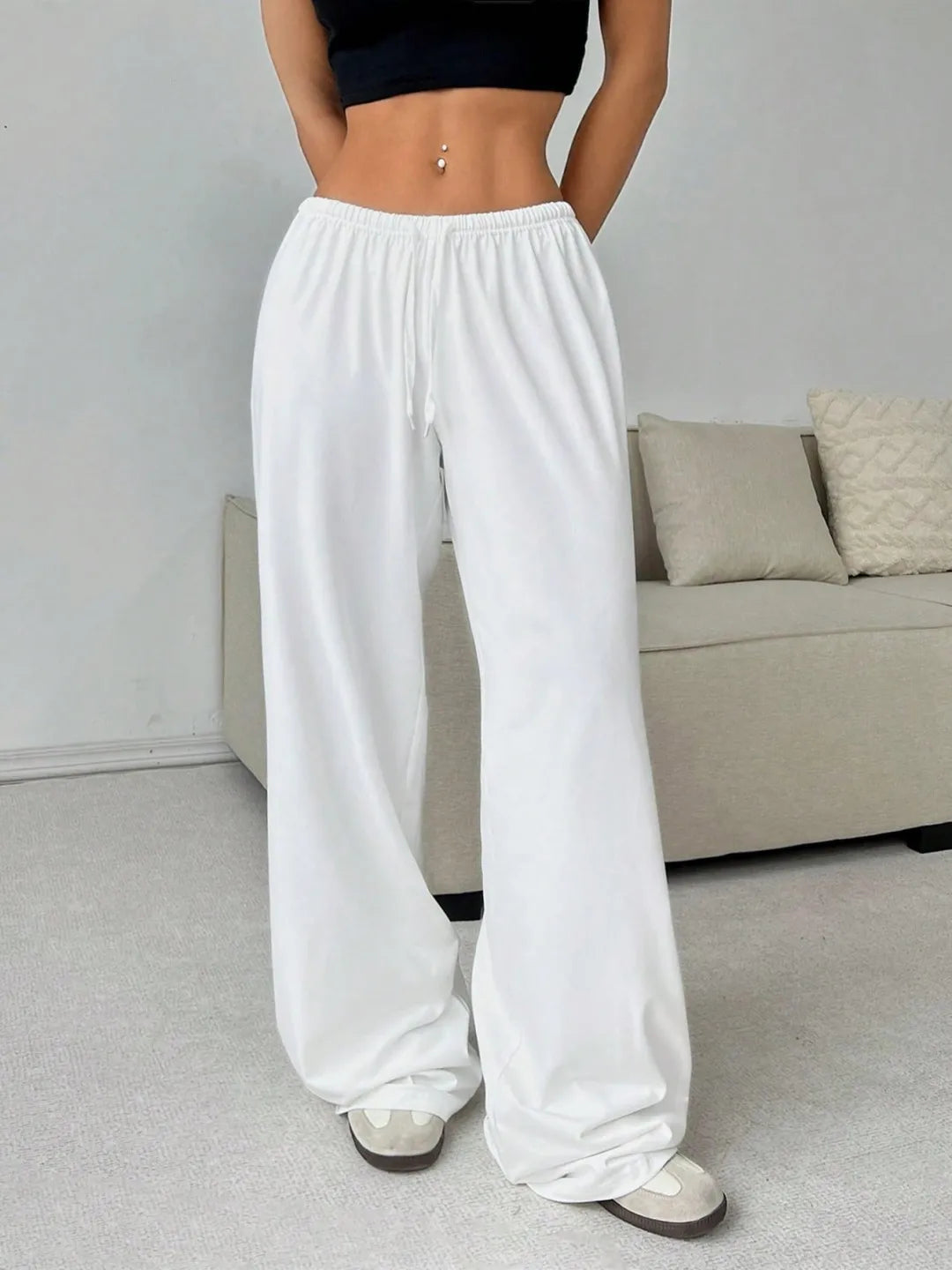 Elegant Solid High Waist Baggy Pants Fashion Women Loose Drawstring Pocket Wide Leg Pants Casual Sweatpant Streetwear Trousers