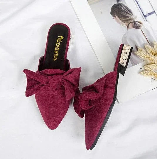 Slides With Bow Shoes for Women Low Heel Woman Slippers Original 39 Non Slip Sandals Summer Footwear 2025 Trend Easy Wears Shoe