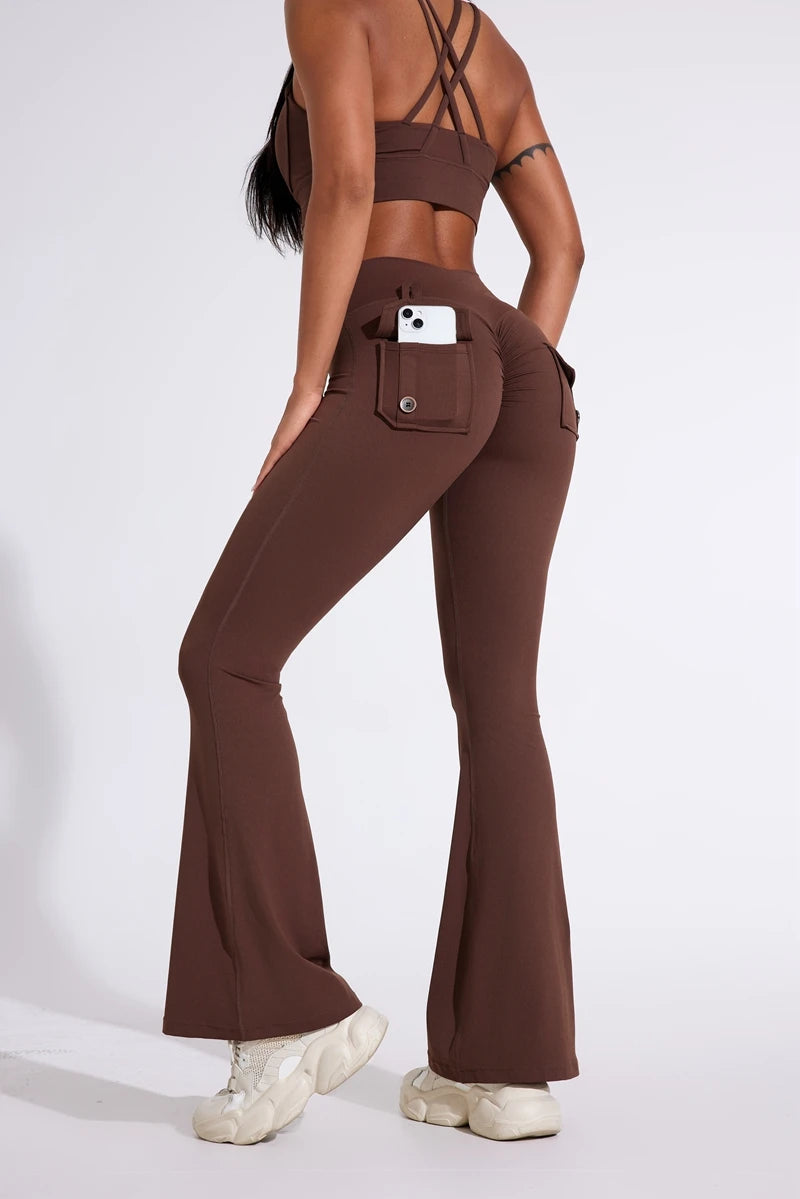 DIAS FIT JOY Women's pocket bell bottoms yoga high waisted hip lifting fitness pants quick drying running exercise fitness gym