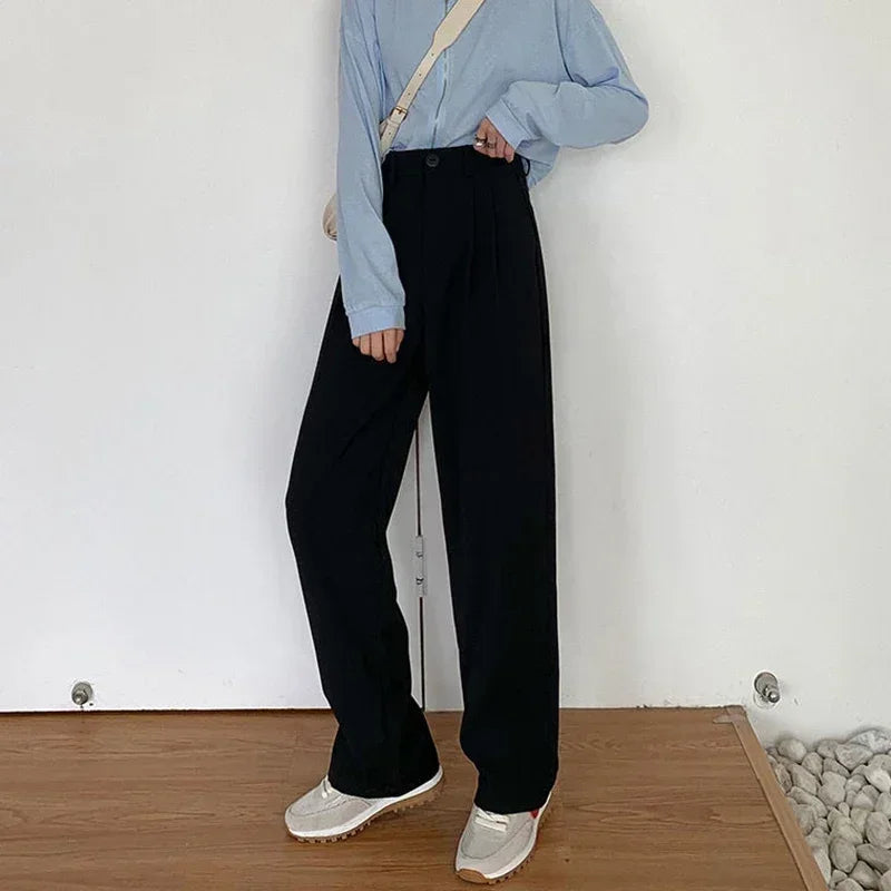 Women Solid High Waist Suit Pants Fall Straight Fashion Trousers Casual Button Loose Office Ladies Korean Female Pant New