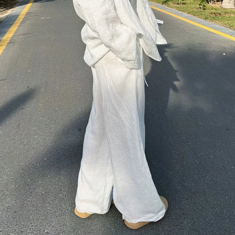 2025 New Spring Summer Wide Leg Pants Fashion Women Black Solid Loose Drawstring Baggy Pant Casual Pocket High Waist Trousers