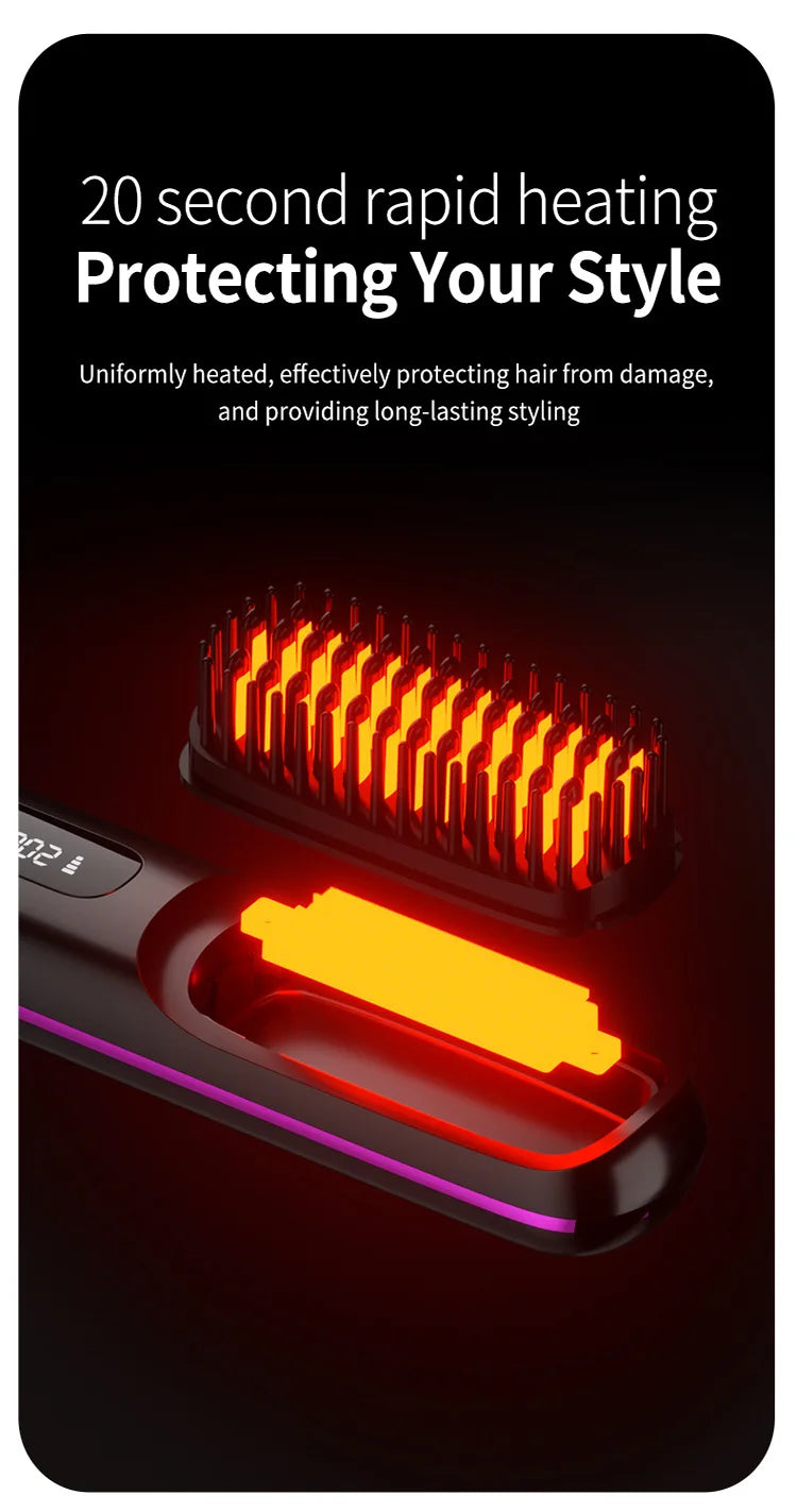 Convenient Mini Cordless Hair Straightener Brush with 3 Setting LED Temperature Display Electric Negative Ions Ceramic Hot Comb