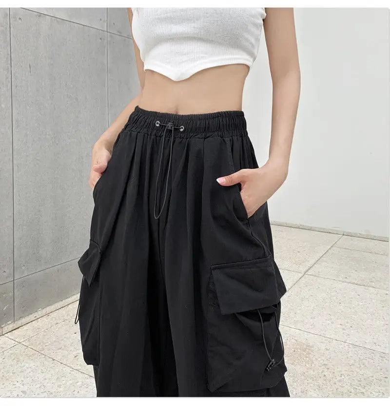2025 Women Casual Joggers Tech Pants Solid Low Waist Pants Drawstring Wide Leg Baggy Trousers Y2k Streetwear Oversize Sweatpants