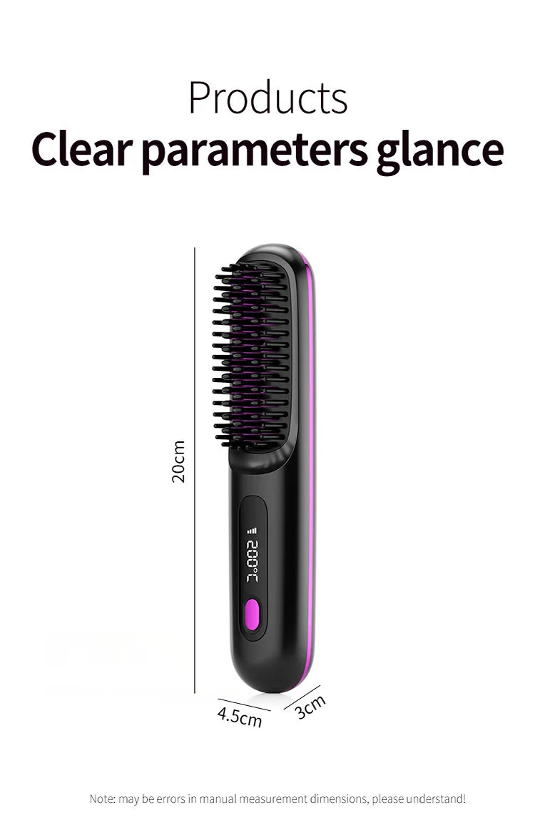 Convenient Mini Cordless Hair Straightener Brush with 3 Setting LED Temperature Display Electric Negative Ions Ceramic Hot Comb