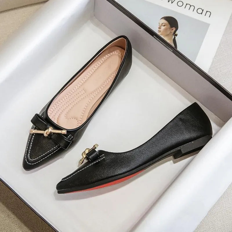 Women's Flat Shoes Beige Pointed Toe with Bow Office Ladies Footwear 2025 New Offers Walking Y2k Fashion Designer Luxury Trends