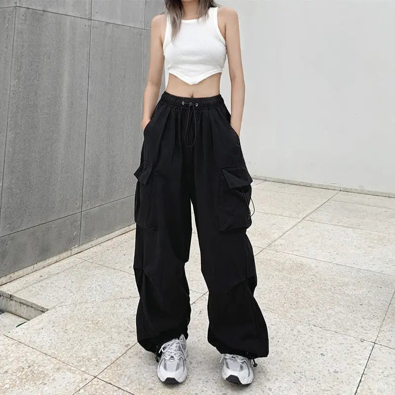 2025 Women Casual Joggers Tech Pants Solid Low Waist Pants Drawstring Wide Leg Baggy Trousers Y2k Streetwear Oversize Sweatpants