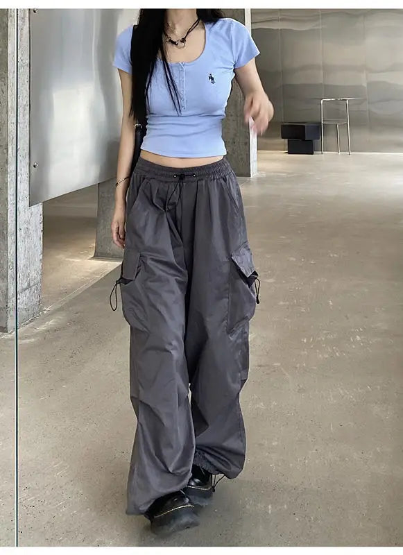 2025 Women Casual Joggers Tech Pants Solid Low Waist Pants Drawstring Wide Leg Baggy Trousers Y2k Streetwear Oversize Sweatpants
