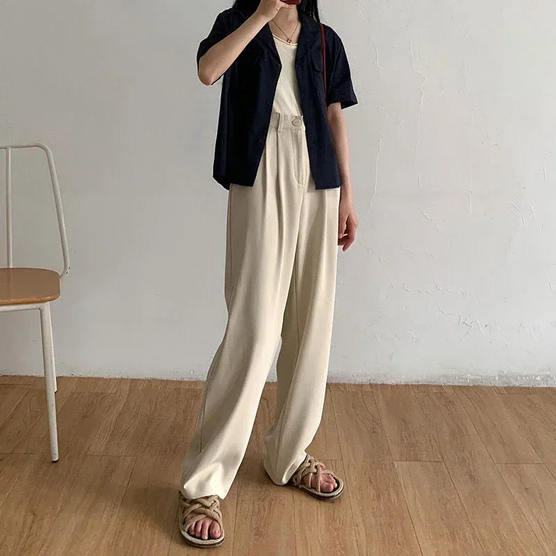 Women Solid High Waist Suit Pants Fall Straight Fashion Trousers Casual Button Loose Office Ladies Korean Female Pant New