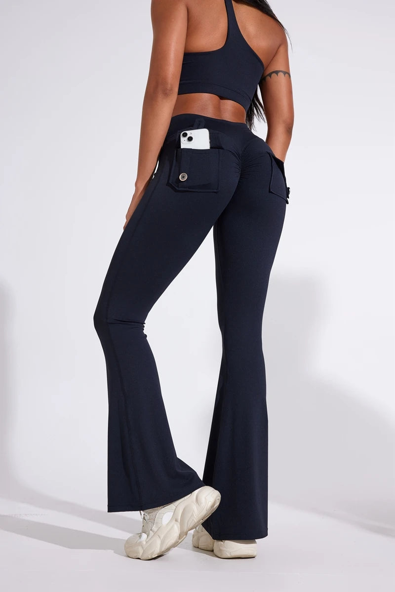DIAS FIT JOY Women's pocket bell bottoms yoga high waisted hip lifting fitness pants quick drying running exercise fitness gym