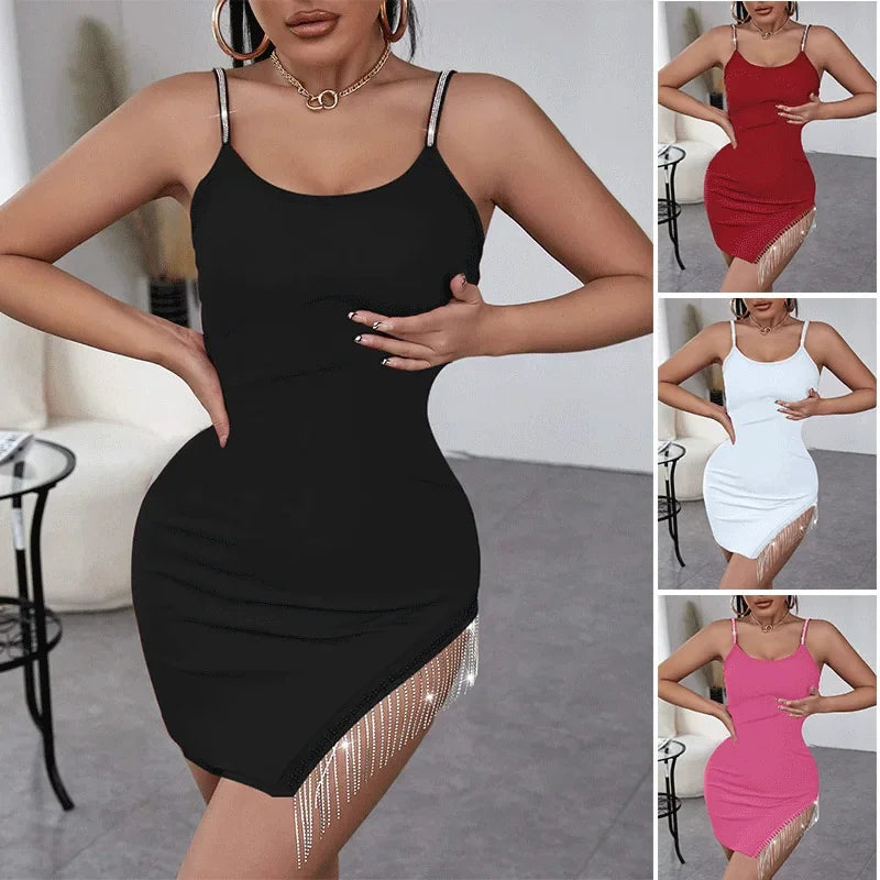 Casual Women's Mini Skirt Diamond Trim Dress Pure Color Beaded Halter Bodycon Short Skirt Sexy Nightclub Style Mini Dress