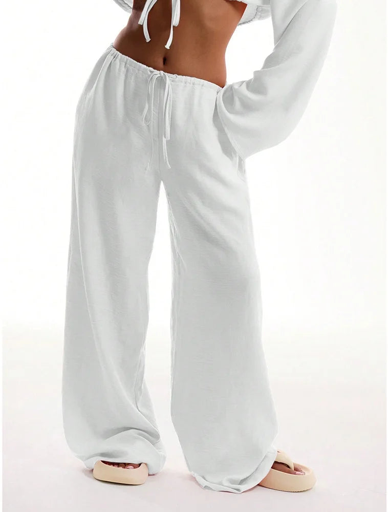 2025 New Spring Summer Wide Leg Pants Fashion Women Black Solid Loose Drawstring Baggy Pant Casual Pocket High Waist Trousers