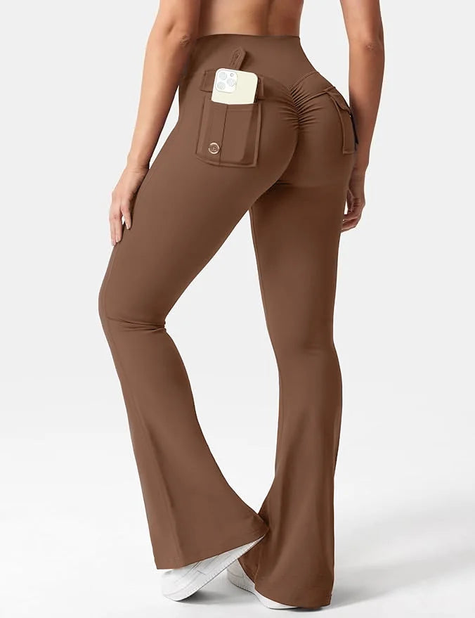 New women's casual flared yoga pants, training flared pants, high waisted work clothes, belt pocket sportswear