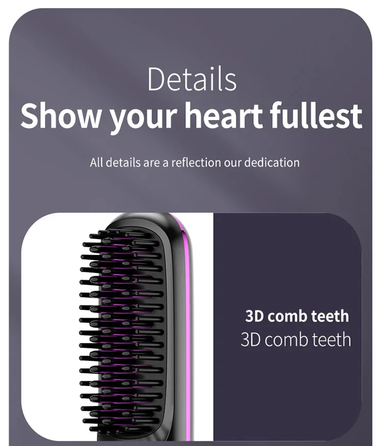 Convenient Mini Cordless Hair Straightener Brush with 3 Setting LED Temperature Display Electric Negative Ions Ceramic Hot Comb