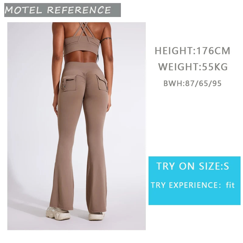 DIAS FIT JOY Women's pocket bell bottoms yoga high waisted hip lifting fitness pants quick drying running exercise fitness gym