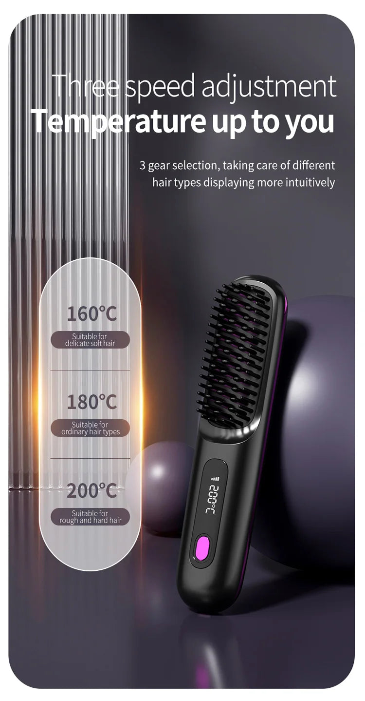 Convenient Mini Cordless Hair Straightener Brush with 3 Setting LED Temperature Display Electric Negative Ions Ceramic Hot Comb