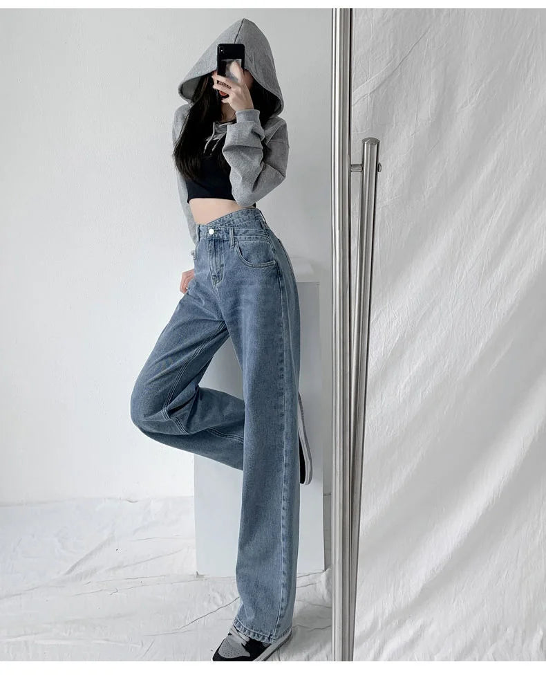 1970s Retro Crossbody High-waist Slimming Drag-on Straight-crotch Long Pants Women Summer Cotton Material