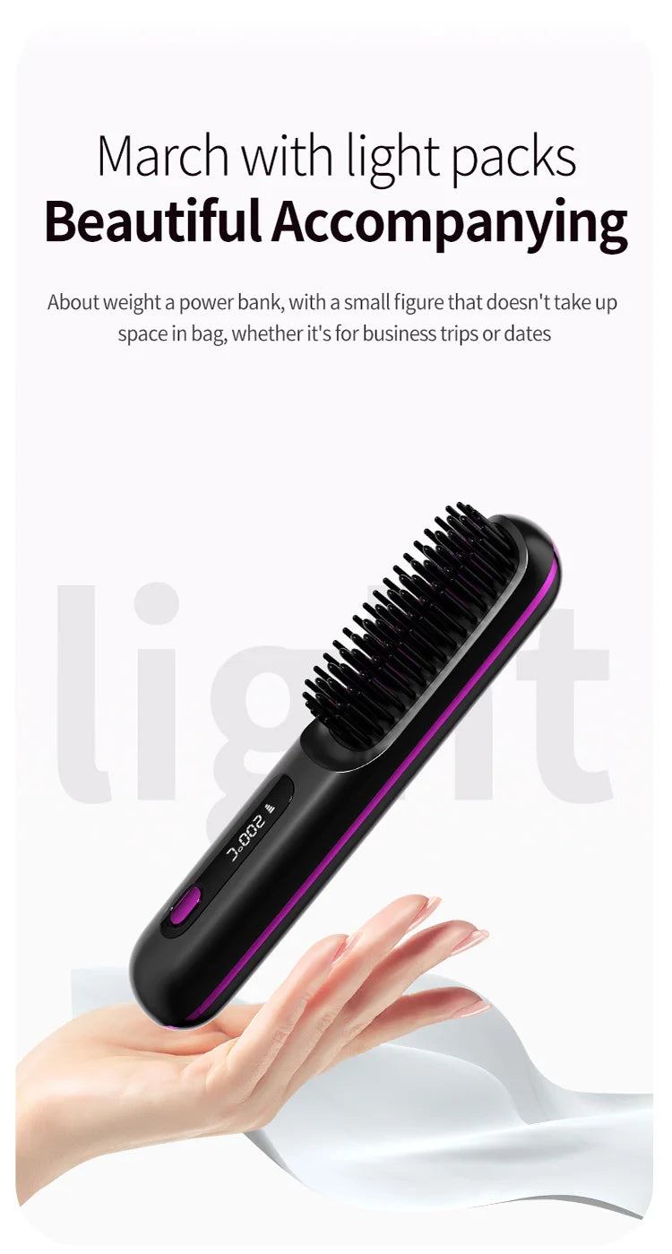 Convenient Mini Cordless Hair Straightener Brush with 3 Setting LED Temperature Display Electric Negative Ions Ceramic Hot Comb