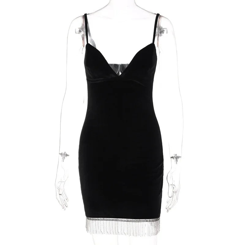 Summer Women's Backless Dinner Feeling Low Cut V-neck Velvet Tassel Suspended Dress With Waist Wrap To Show Thin Dress