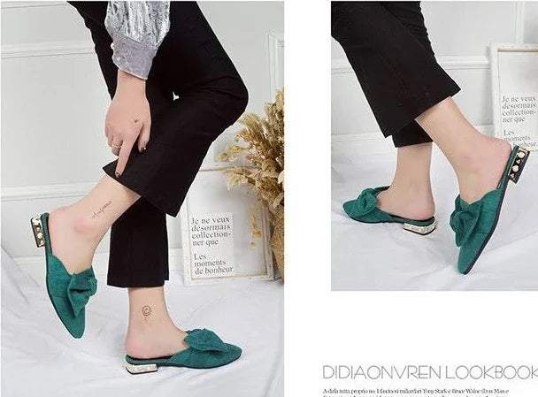 Slides With Bow Shoes for Women Low Heel Woman Slippers Original 39 Non Slip Sandals Summer Footwear 2025 Trend Easy Wears Shoe