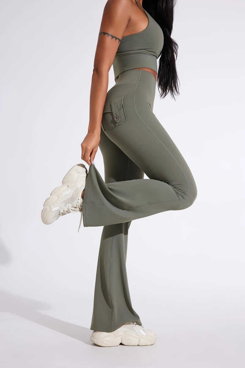 DIAS FIT JOY Women's pocket bell bottoms yoga high waisted hip lifting fitness pants quick drying running exercise fitness gym