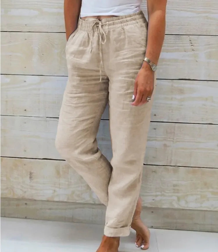 2025 Cotton Linen Summer Pants Women High Waist Elastic Casual Trousers Fashion Streetwear Breathable Female Loose Pencil Pants
